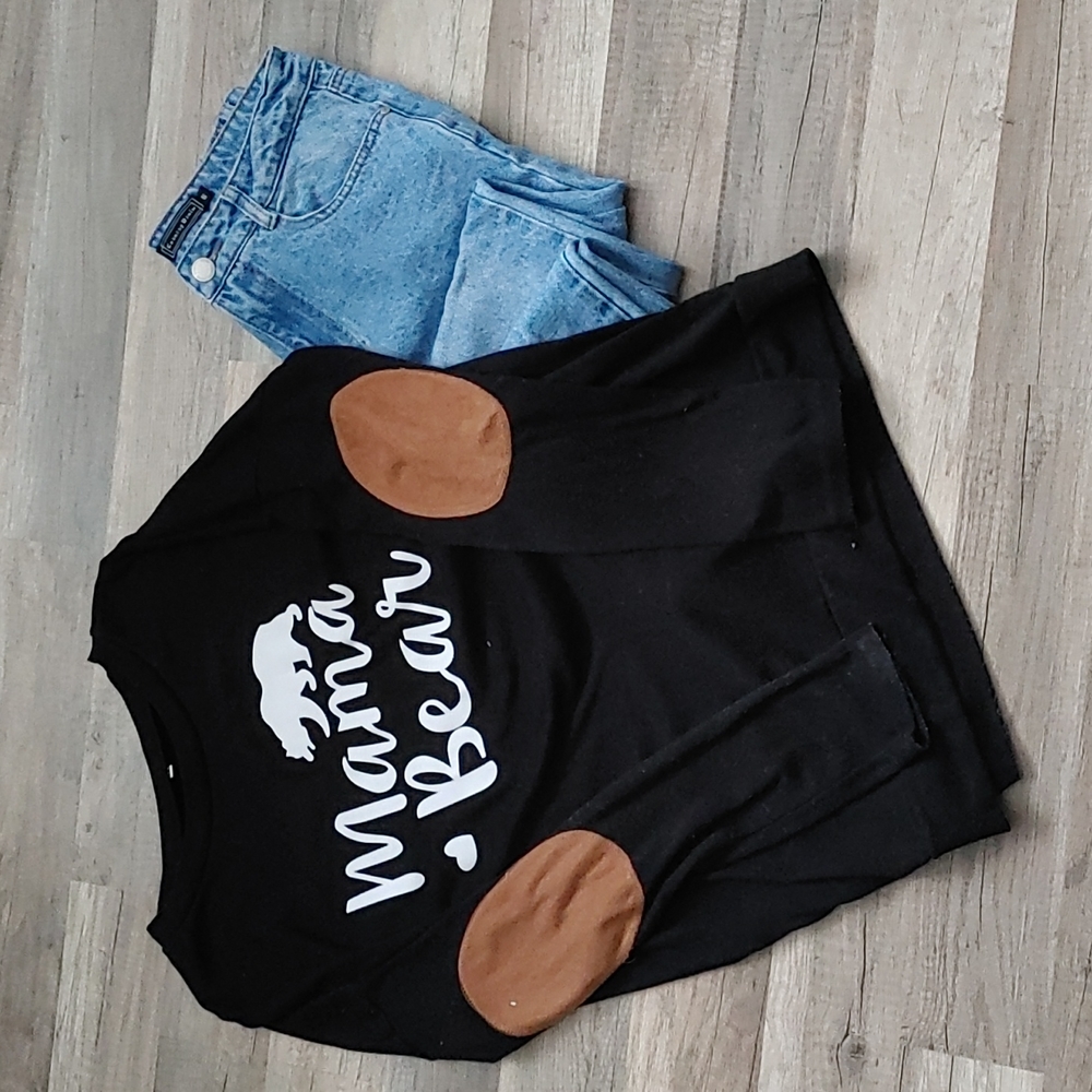 Mama Bear Long Sleeve Crew Neck T Shirt Top Sweater with Elbow Patches